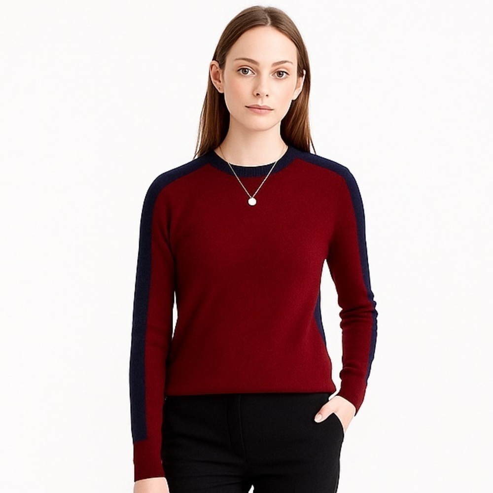 ✅ J. Crew Hi Low Color block Maroon Blue Wool Sweater Sz XXS